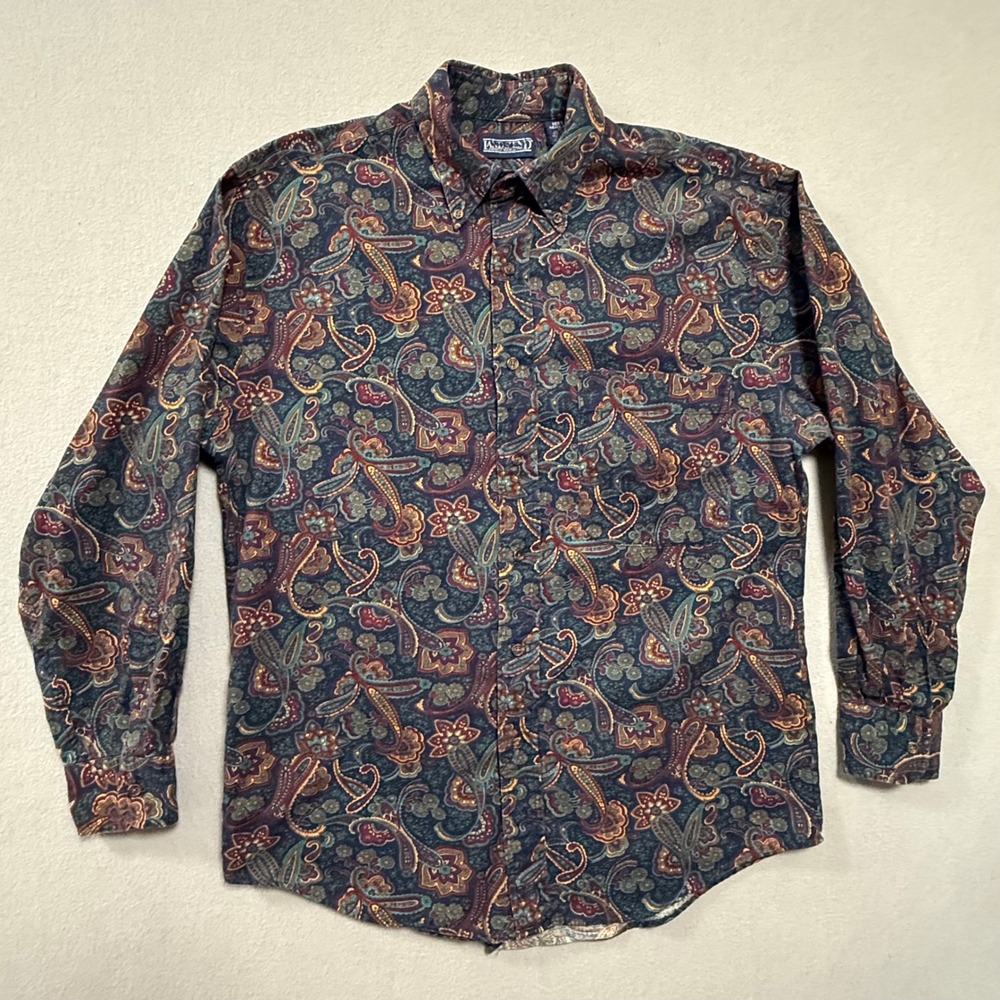 Vintage Lands End Paisley Autumn Jewel Tone Long Sleeve Shirt‎ Men Medium